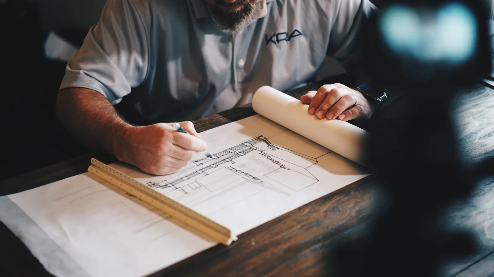 An architect drafting building plans with a pencil and ruler