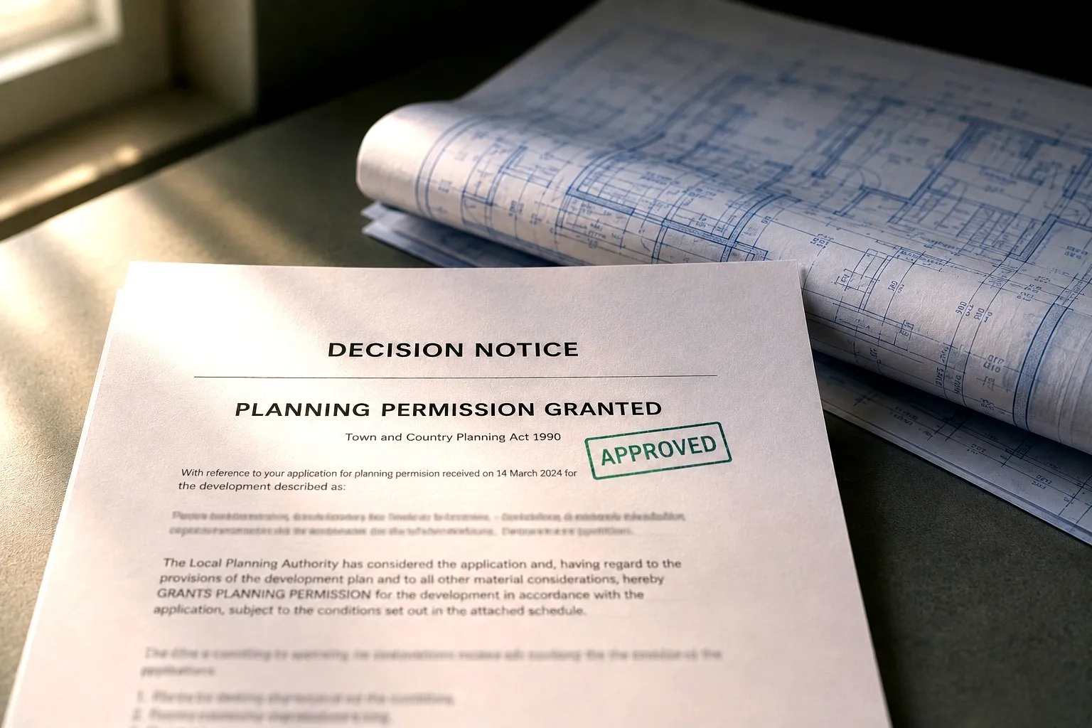 A planning decision notice granting permission, beside rolled architectural drawings
